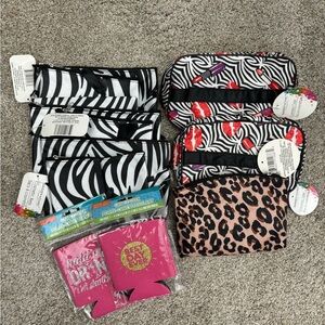 Six cosmetic bags and two can coolers